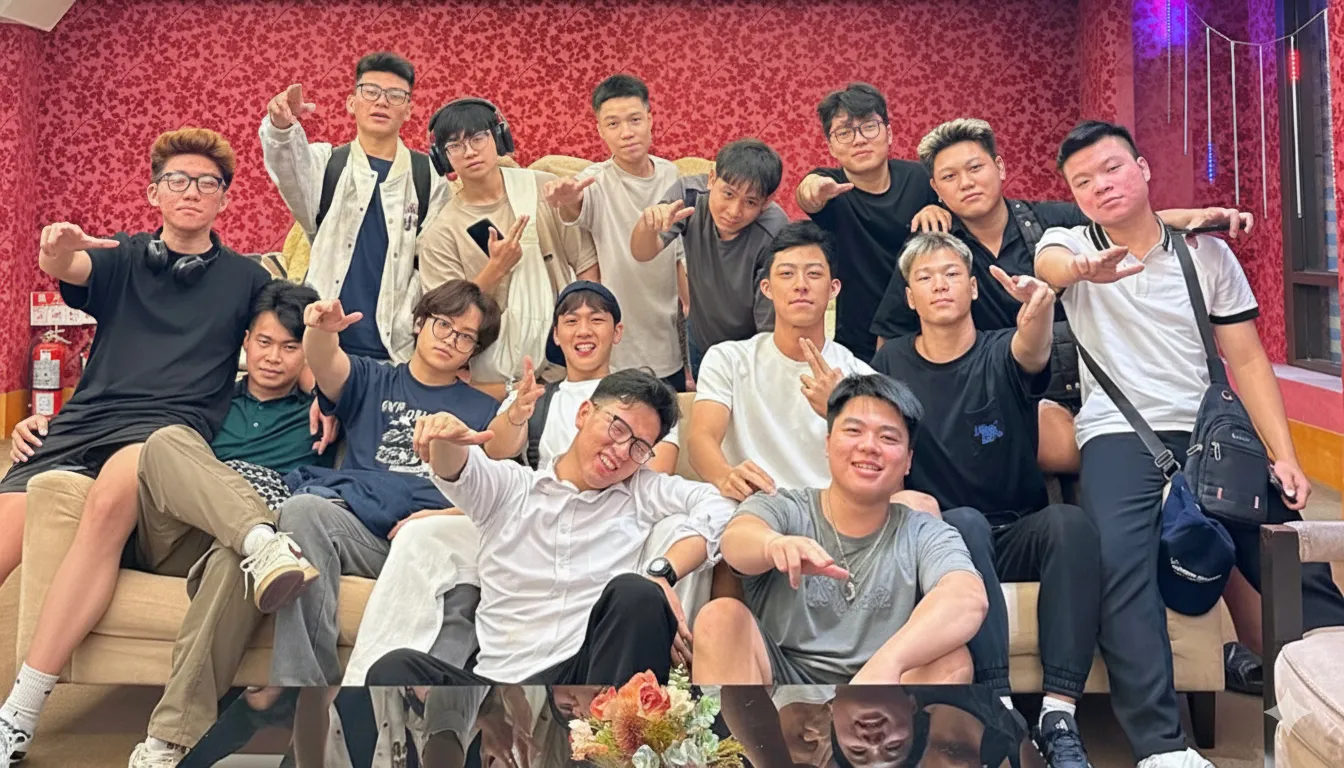 Em Lưu Minh Tuấn (mặc áo trắng, ngồi ở hàng đầu tiên) chụp ảnh cùng bạn bè trong chuyến kiến học tại Đài Loan