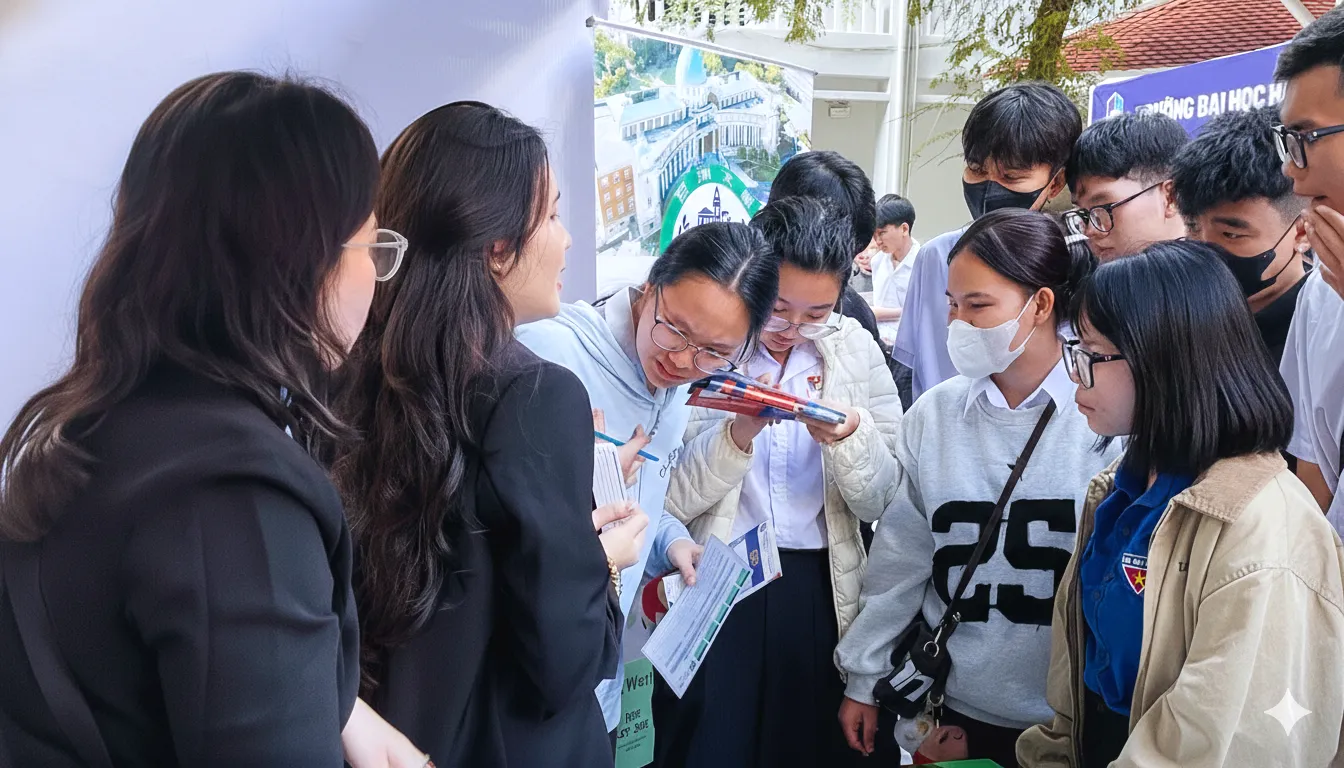 Gian hàng tư vấn của Asia University Vietnam thu hút sự quan tâm của nhiều em học sinh tại Khánh Hòa