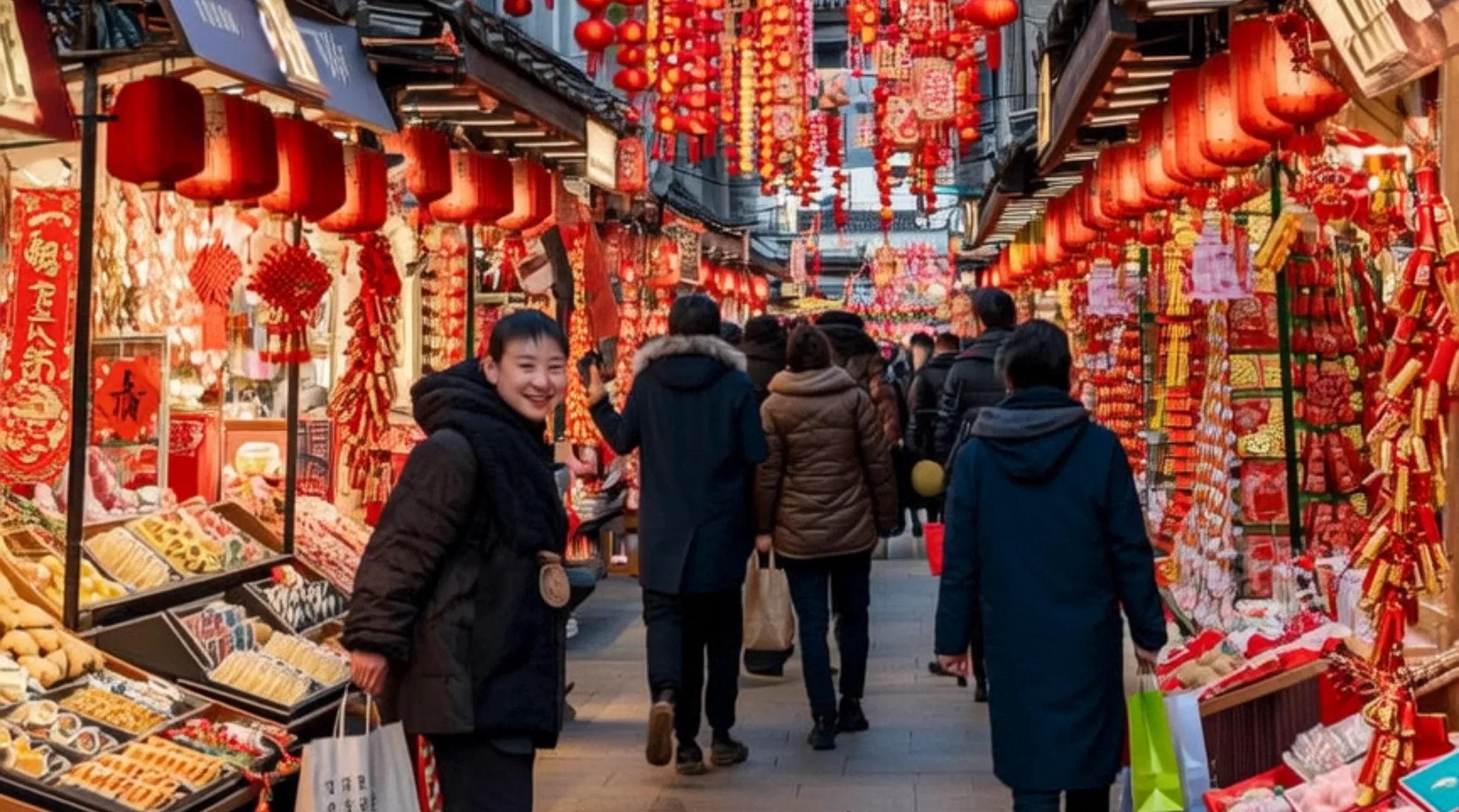 Không khí mua sắm nhộn nhịp tại phố Địch Hóa (Đài Bắc) trước Tết, nơi người dân chuẩn bị thực phẩm và quà biếu cuối năm