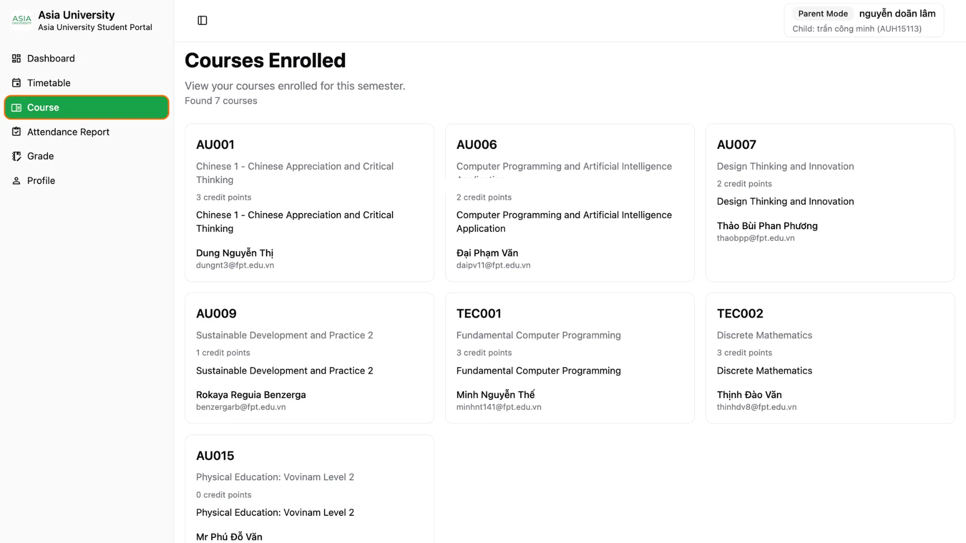 Giao diện mục Courses – Danh sách môn học trong Parent Portal