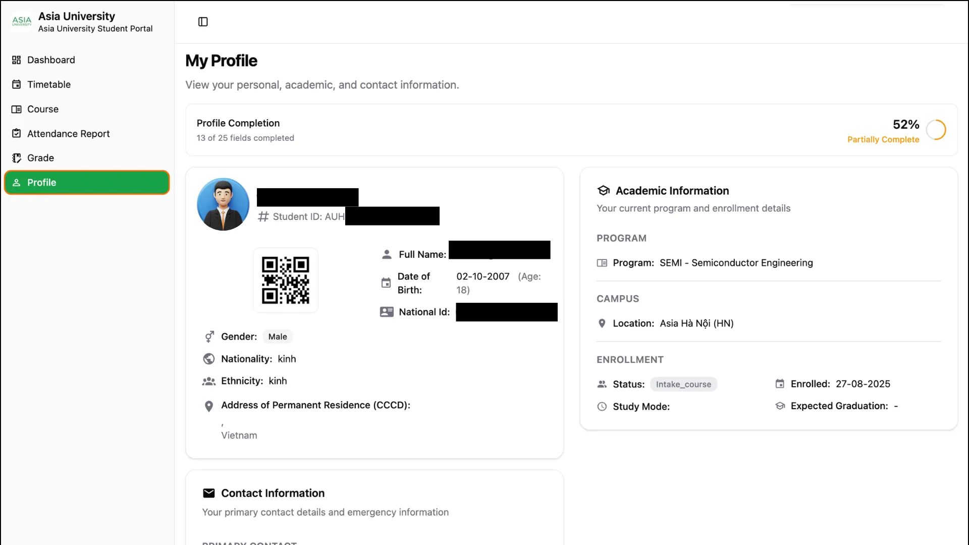 Giao diện mục Profile của Parent Portal Asia University Vietnam