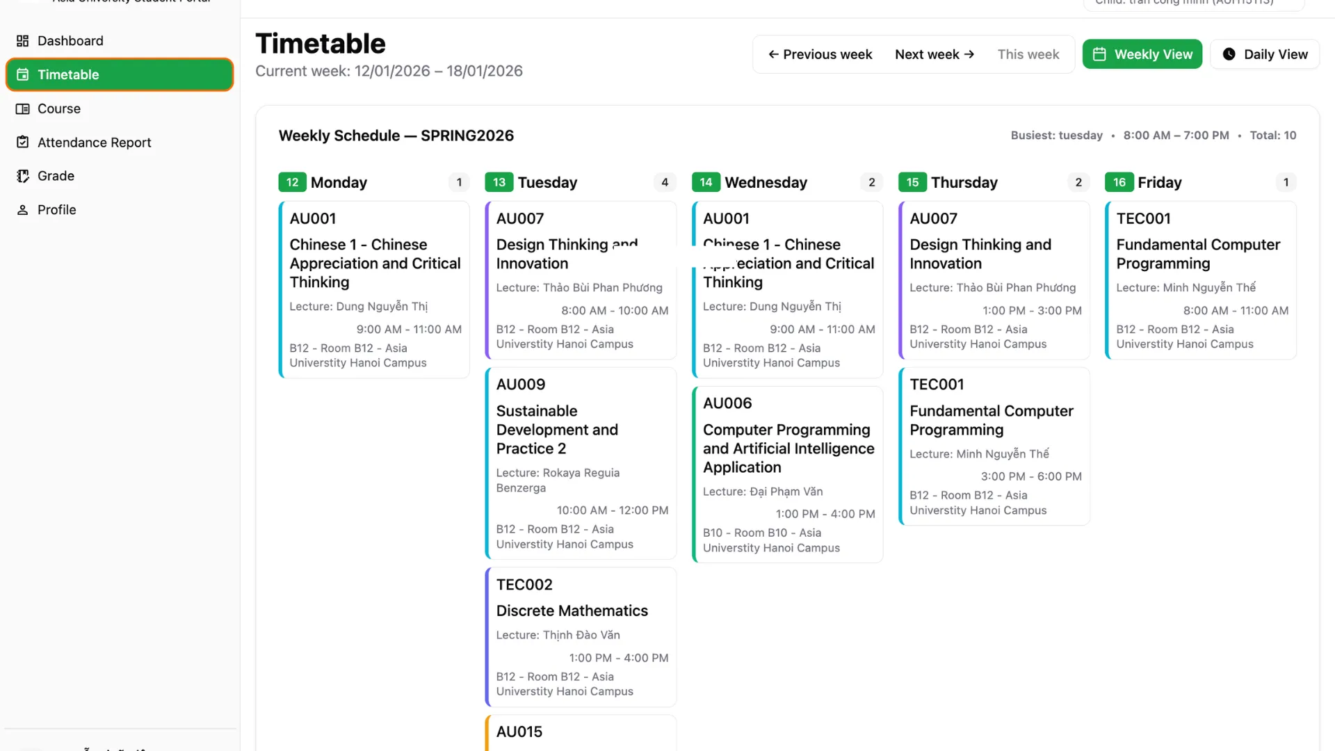 Giao diện Timetable – Thời khóa biểu trong Parent Portal