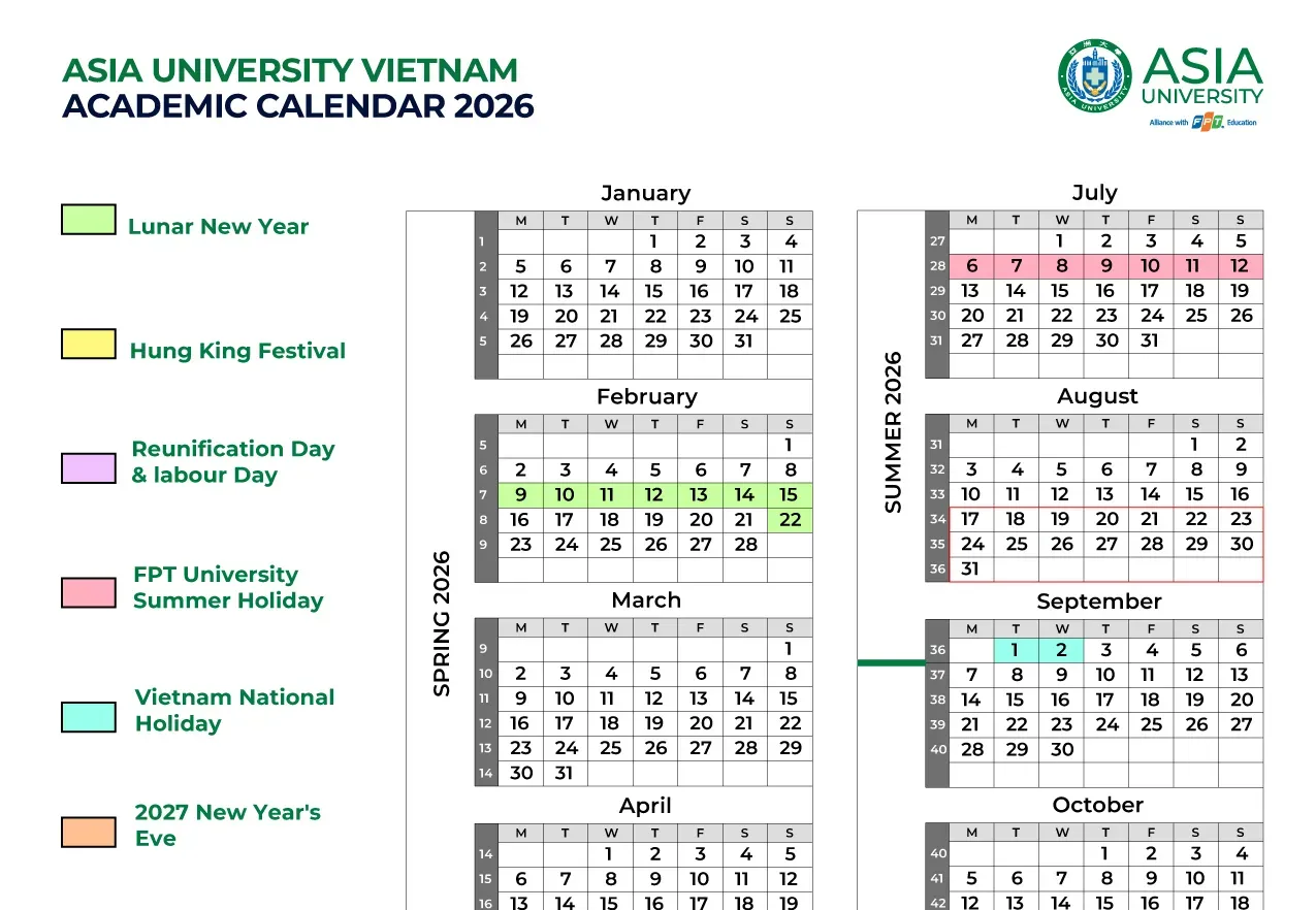 Lịch đào tạo năm 2026 của Asia University Vietnam