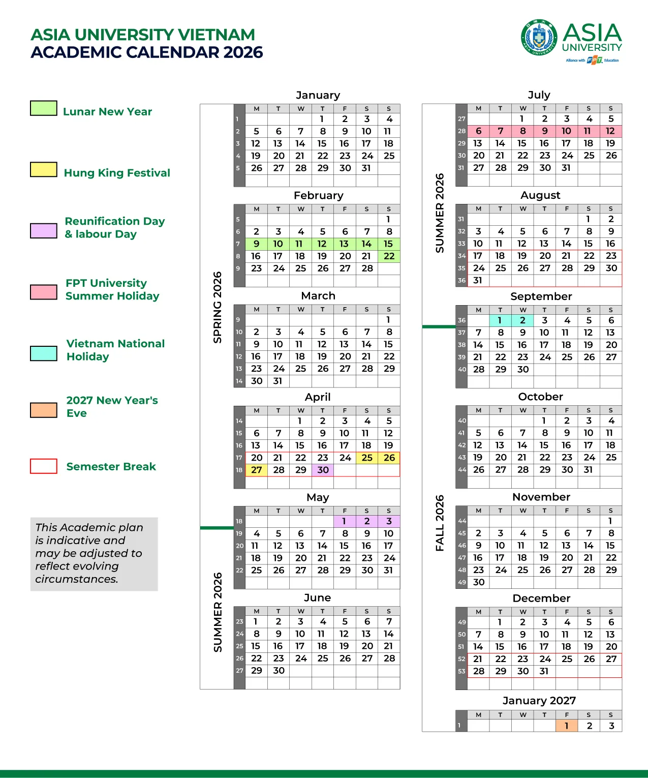 Lịch đào tạo năm 2026 của Asia University Vietnam