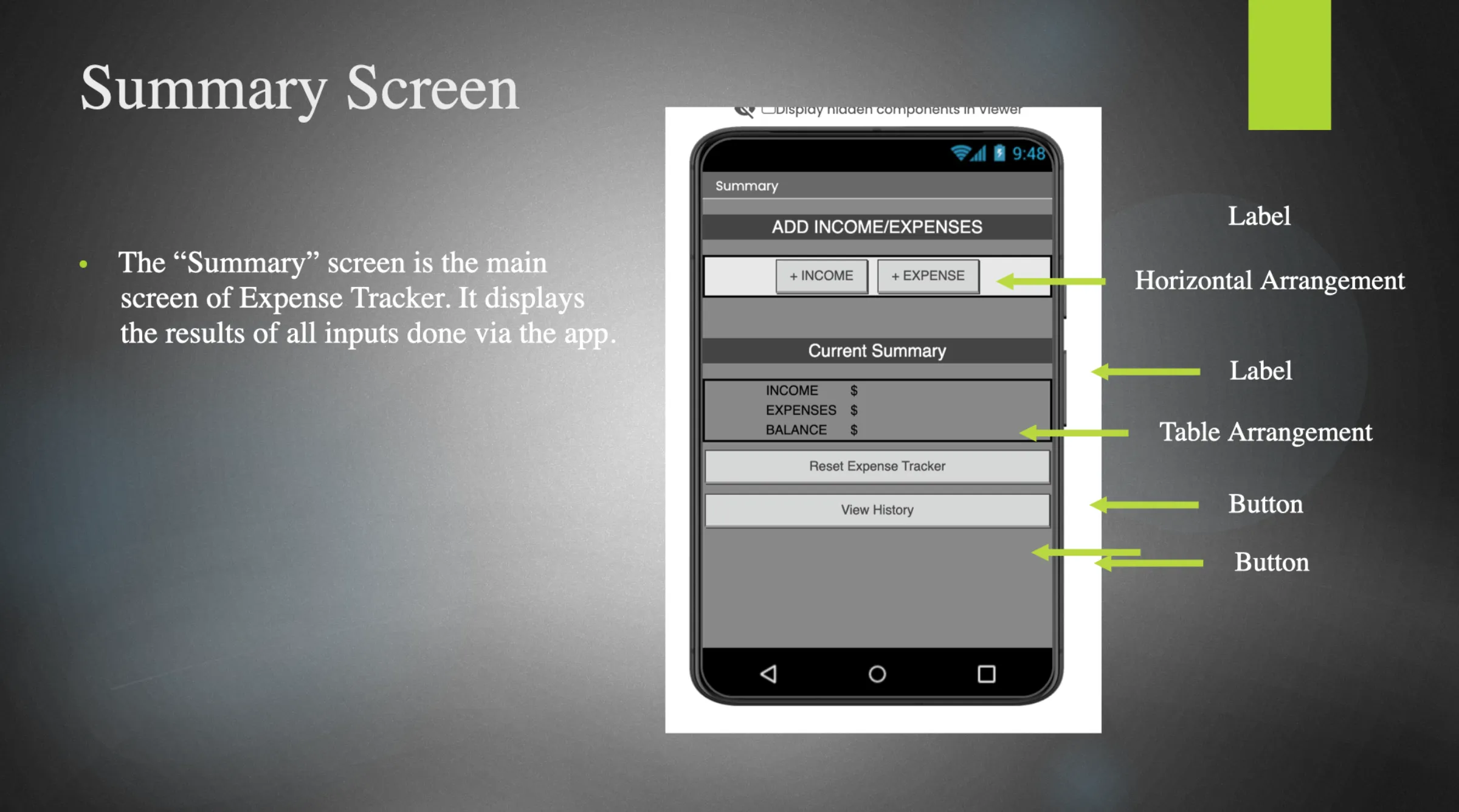 Giao diện Summary của ứng dụng Expense Tracker với các mục hiển thị thu nhập, chi tiêu và số dư trên điện thoại Android