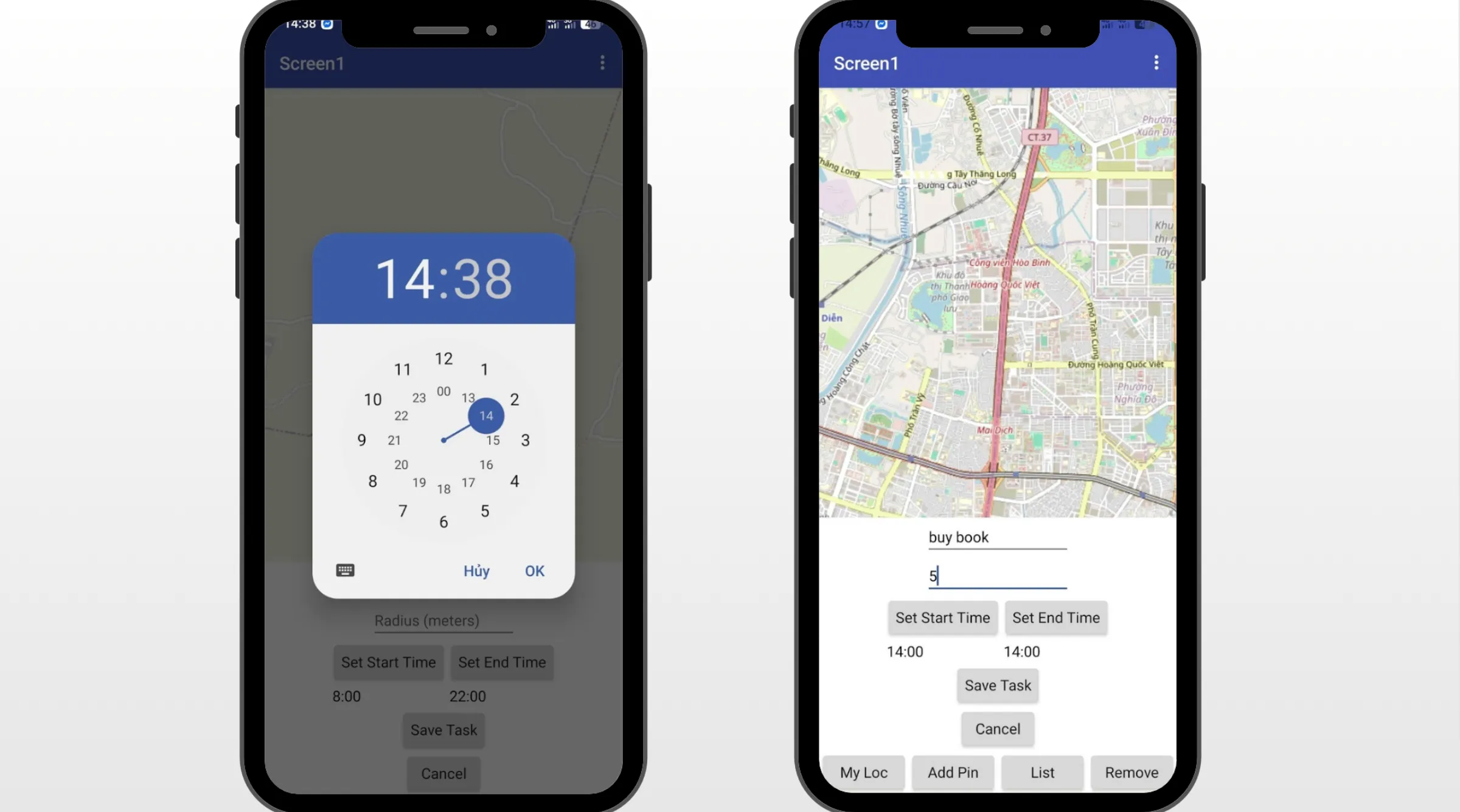 Giao diện ứng dụng Forget-Me-Not do sinh viên Asia Vietnam phát triển, cho phép đặt khung giờ, nhập công việc và gắn lời nhắc với vị trí trên bản đồ