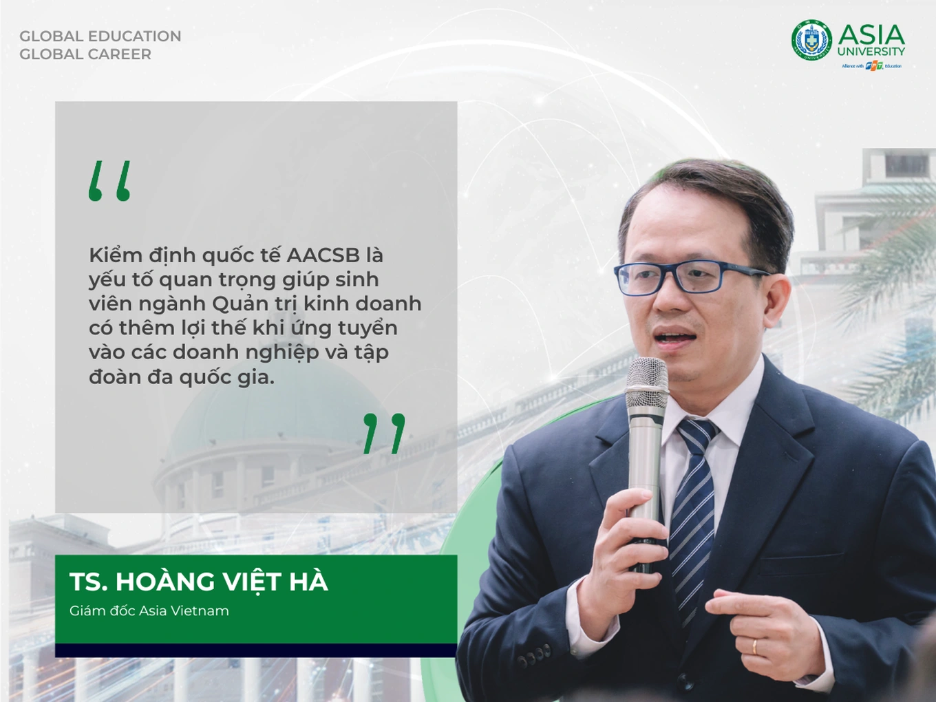 TS Hoàng Việt Hà - Giám đốc Asia Vietnam nhấn mạnh vai trò của các chương trình đào tạo được xếp hạng cao và đạt kiểm định quốc tế trong việc nâng cao năng lực cạnh tranh nghề nghiệp cho sinh viên